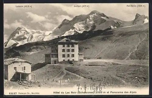 AK Lac Noir, Hotel du Lac Noir et Panorama des Alpes, Lyskamm, Breithorn, Petit Cervin