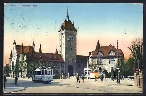 AK Zürich, Landesmuseum mit Vorplatz und Strassenbahn