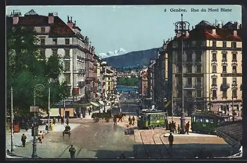 AK Genève, Rue du Mont Blanc, Strassenbahn