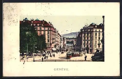 AK Genève, Ortspartie mit Hotel Suisse, Strassenbahn und Wasserblick