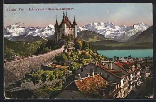 AK Thun, Schloss mit Bluemlisalp und Wasserblick aus der Vogelschau