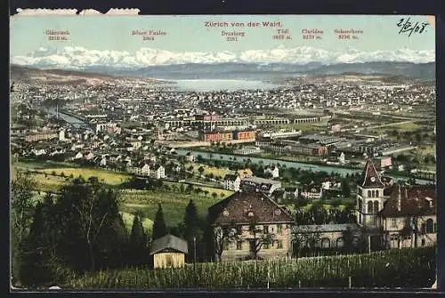 AK Zürich, Totalansicht von der Waid, mit See und Bergpanorama