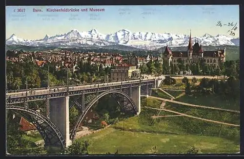 AK Bern, Kirchenfeldbrücke und Museum mit Stadtansicht und Jungfrau-Panorama