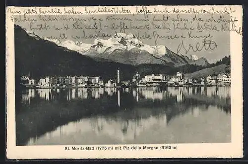 AK St. Moritz-Bad, Ortspanorama mit Piz della Margna, vom Wasser gesehen