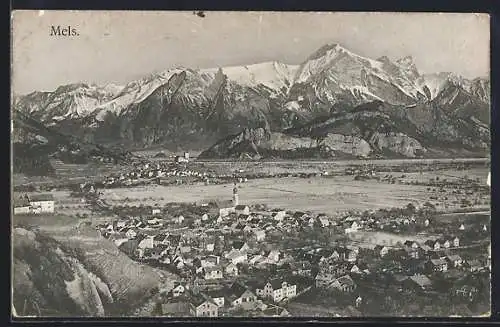 AK Mels, Gesamtansicht mit Bergpanorama aus der Vogelschau