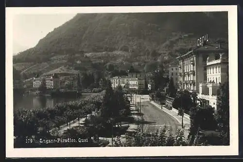 AK Lugano-Paradiso, Qai mit Uferpromenade aus der Vogelschau