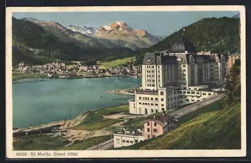 AK St. Moritz, Grand Hotel mit Seeblick und Ortsansicht aus der Vogelschau