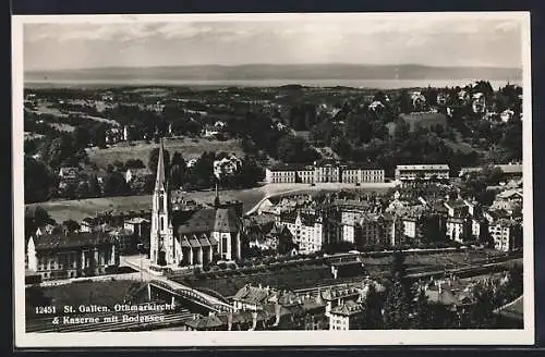 AK St. Gallen, Othmarkirche & Kaserne mit Brücke und Bodensee aus der Vogelschau