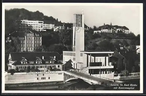 AK Luzern, St. Karl Kirche mit Kantonsspital aus der Vogelschau