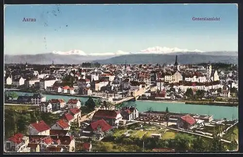 AK Aarau, Totalansicht mit Brücke und Bergpanorama aus der Vogelschau