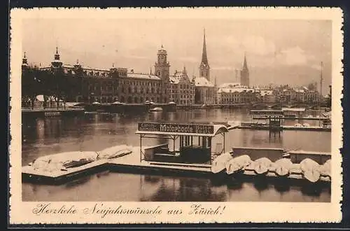 AK Zürich, Flusspartie mit Anlager und Motorbootverleih im Schnee