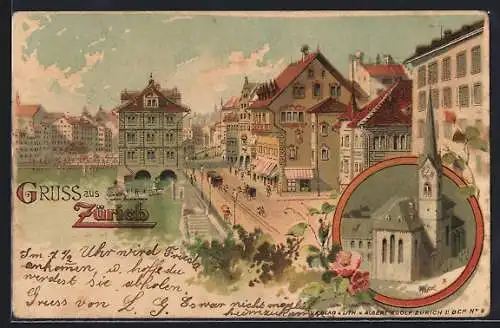 Lithographie Zürich, Stadtpartie mit Anleger, Kirche