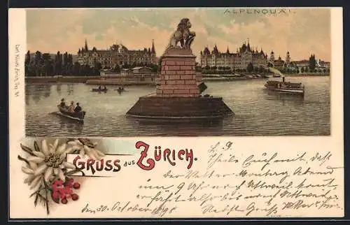 Lithographie Zürich, Alpenquai mit Denkmal und Dampfer