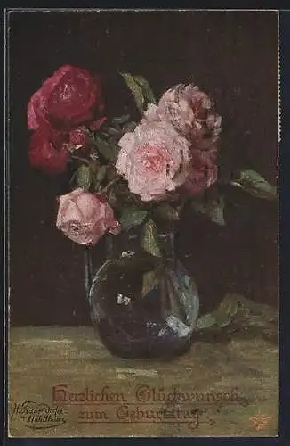 Künstler-AK Wohlgemuth & Lissner, Primus-Postkarte No. 1016: Blumen, Rosen in einer Vase, Geburtstagsgruss