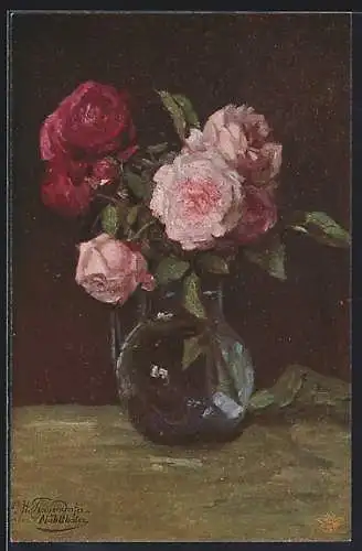 Künstler-AK Wohlgemuth & Lissner, Primus-Postkarte No. 1016: Blumen, Rosen in gläserner Vase