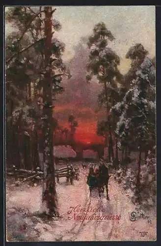 Künstler-AK Wohlgemuth & Lissner, Primus-Postkarte No. 442: Kutsche vor winterlichem Abendhimmel, Neujahrsgruss