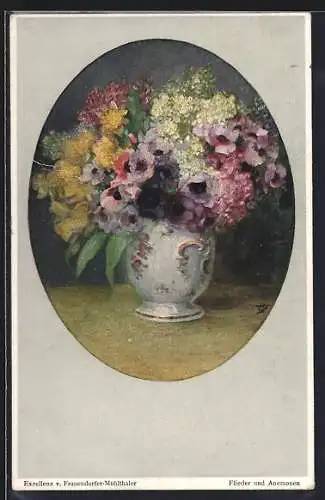 Künstler-AK Wohlgemuth & Lissner, Primus-Postkarte No. 3131: Flieder und Anemonen in einer Vase