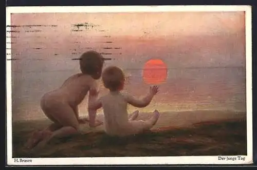 Künstler-AK Wohlgemuth & Lissner, Primus-Postkarte No. 3012: Kinder am Strand beobachten den Sonnenuntergang