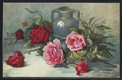 Künstler-AK Wohlgemuth & Lissner, Primus-Postkarte No. 1231, Rosen mit Vase