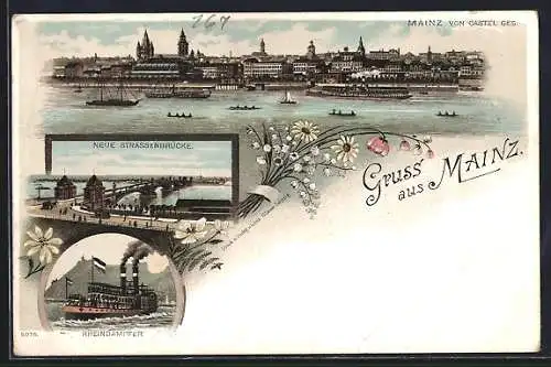 Lithographie Mainz, Mainz vom Castel gesehen, Neue Strassenbrücke, Rheindampfer