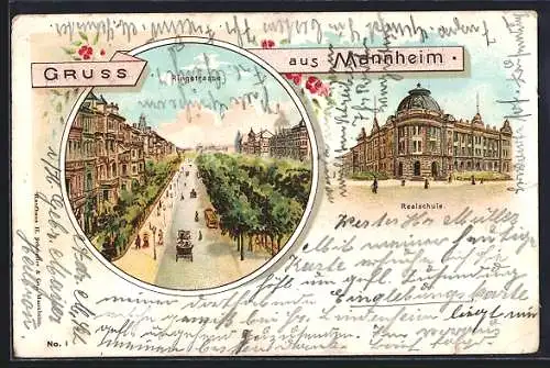 Lithographie Mannheim, Ringstrasse, Realschule