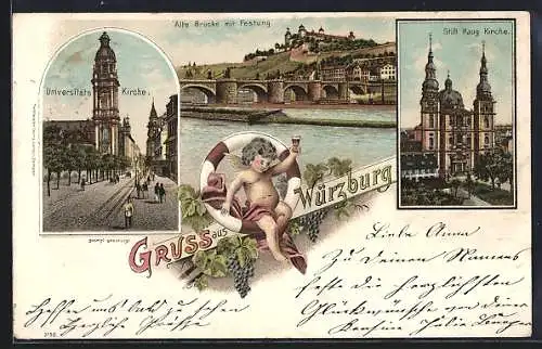 Lithographie Würzburg, Alte Brücke mit Festung, Univesitäts Kirche, Stift Haug Kirche