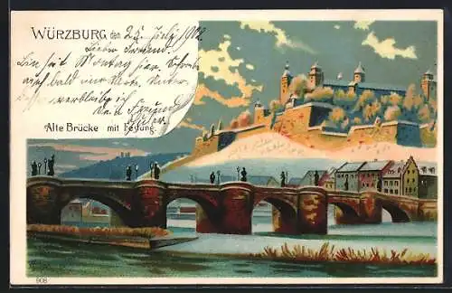 Lithographie Würzburg, Alte Brücke mit Festung im Schnee