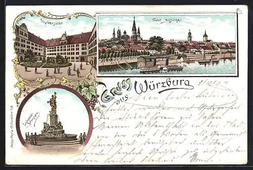 Lithographie Würzburg, Universität, Luitpoldbrunnen und Totalansicht