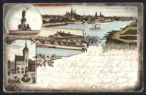 Lithographie Würzburg, Luipold-Brunnen, Rathaus mit Gräfin-Eckardts-Thurm