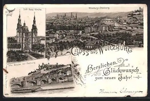 Lithographie Würzburg, Alte Brücke mit Festung, Stift Haug Kirche, Totalansicht