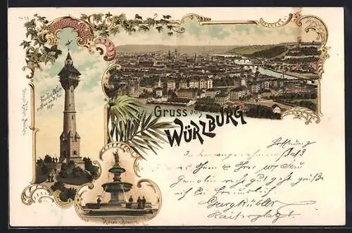 Lithographie Würzburg, Ortspanorama, Franken-Warte, Kilian-Brunnen