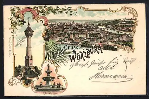 Lithographie Würzburg, Ortsansicht, Franken-Warte, Kilian-Brunnen