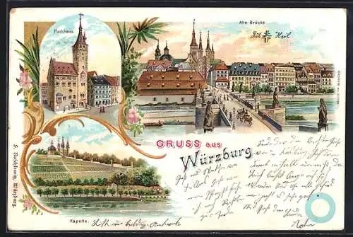 Lithographie Würzburg, Alte Brücke, Rathaus, Kapelle