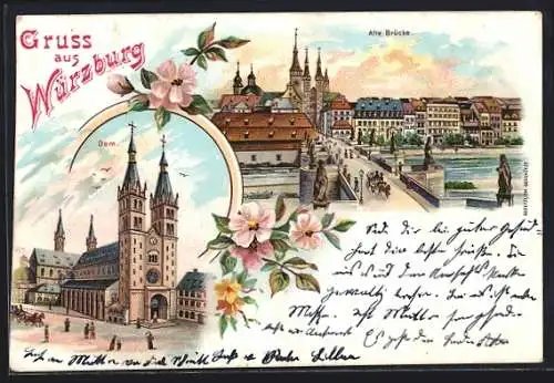 Lithographie Würzburg, Alte Brücke und Dom