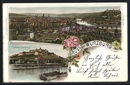 Lithographie Würzburg, Panorama, Festung Marienberg