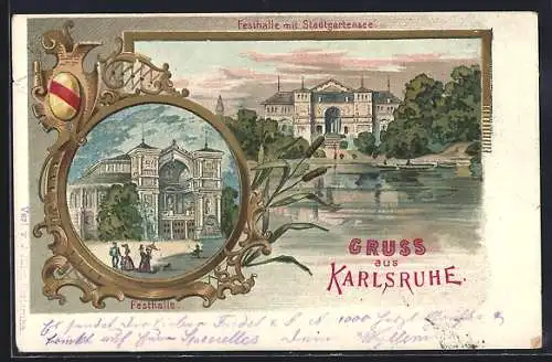 Lithographie Karlsruhe, Festhalle mit Stadtgartensee