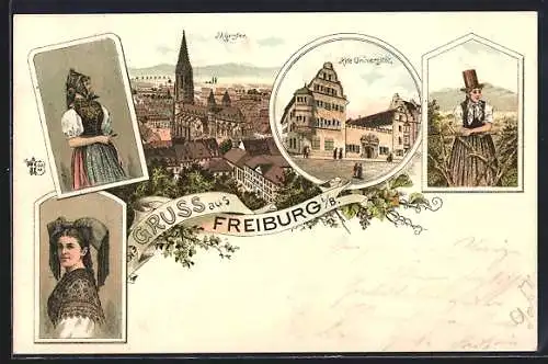 Lithographie Freiburg i. B., Teilansicht mit Münster, Alte Universität, Trachten