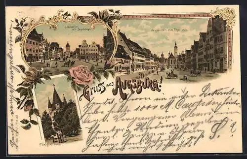 Lithographie Augsburg, Fünfgradthurm & Jakobstr. vom Tor aus & mit Jakobertor