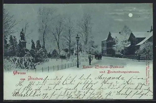 Mondschein-AK Itzehoe, Kaiser Wilhelm Denkmal und Breitenburgerstrasse bei Nacht