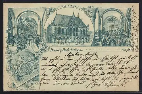 Lithographie Bremen, Gasthaus Rathskeller und das Rathaus