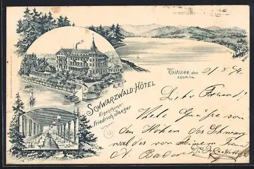 Vorläufer-Lithographie Titisee, 1894, Schwarzwald-Hotel von Friedrich Jaeger, Seeansicht