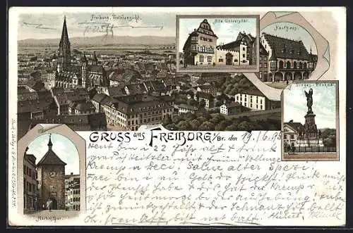 Vorläufer-Lithographie Freiburg i. B., 1895, Martinsthor, Kaufhaus, Alte Universität