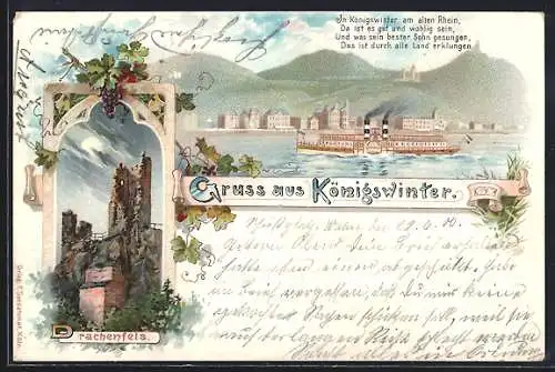 Lithographie Königswinter, Dampfer und Drachenfels