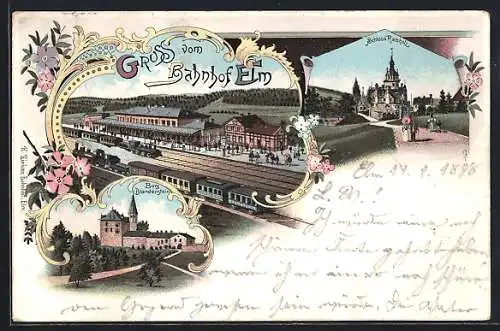 Lithographie Elm, Bahnhof, Eisenbahn, Schloss Ramholz, Burg Brandenstein