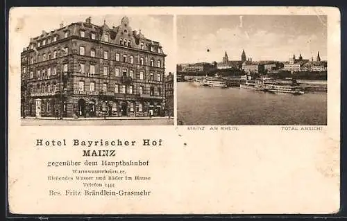 AK Mainz, Hotel Bayrischer Hof, Bes. Fritz Brändlein-Grasmehr und Rheinpartie