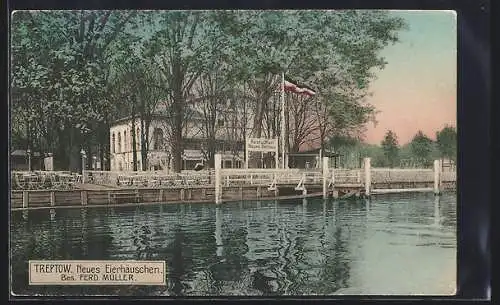 AK Berlin-Treptow, Restaurant Neues Eierhäuschen v. Ferd. Müller, Terrasse am Wasser