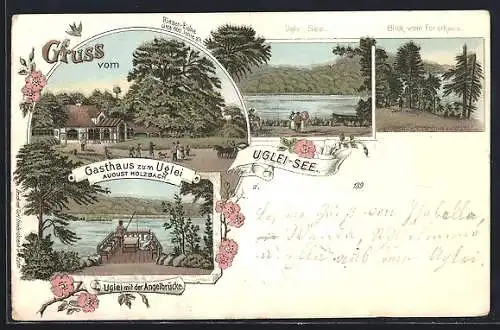 Lithographie Eutin, Gasthaus zum Uglei, Uglei-See, Uglei mit der Angelbrücke, Blumenverzierung, Vers