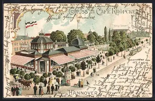 Lithographie Hannover, Strassenpartie mit Cafe Kröpcke und Passanten aus der Vogelschau