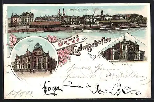 Lithographie Ludwigshafen a. Rhein, Post, Bahnhof, Panorama vom Rhein her