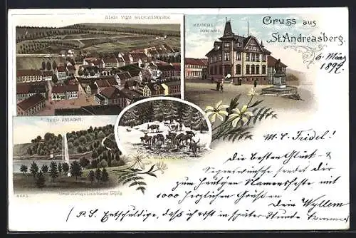 Lithographie St. Andreasberg, Ortsansicht vom Glockenberg, Teich-Anlagen, Postamt